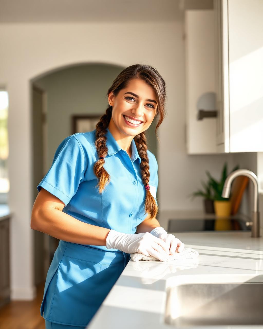 Friendly Perfectly Polished Co. cleaner wiping a kitchen counter